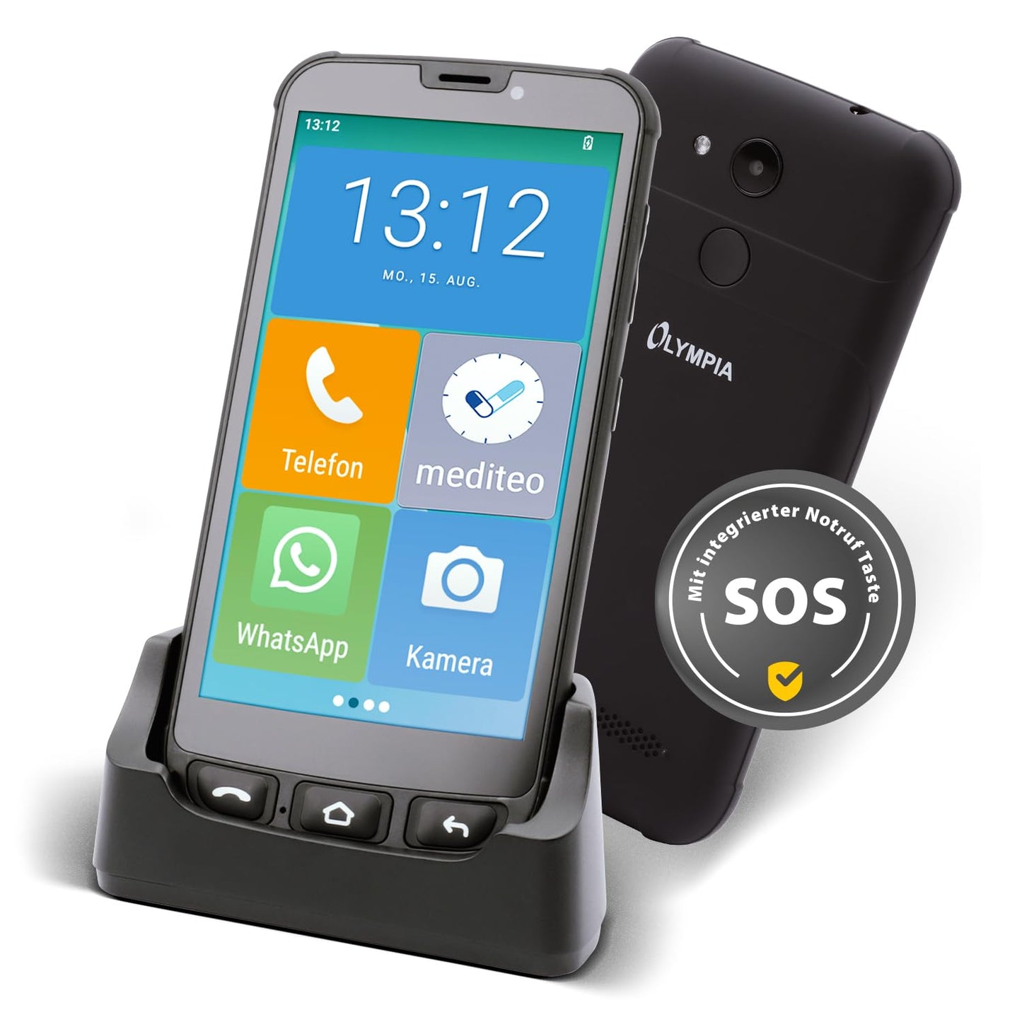 Senioru tālrunis Olympia NEO Mini+ | 5" viedtālrunis senioriem ar avārijas pogu un lielām ikonām | Ļoti vienkārša lietošana | Pārskatāma izvēlne | Senioriem ar WhatsApp | Android 15 | 4G LTE Dual SIM