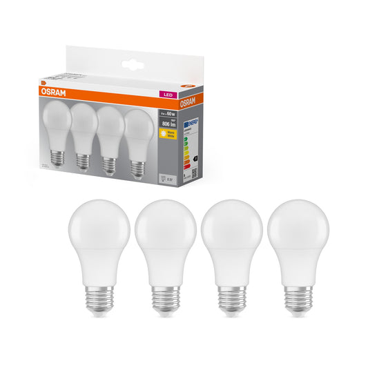 Osram LED Base Classic A spuldze, E27 cokols, nedimmējama, 60 Watt ekvivalents, matēta, silti balta - 2700 Kelvin, 4 gab.