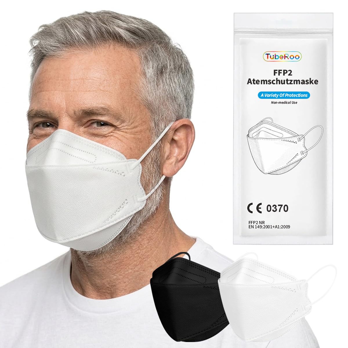 FFP2 maskas TubeRoo, baltas, 10 gab., zivtiņas forma, mīkstas apaļas ausu cilpas