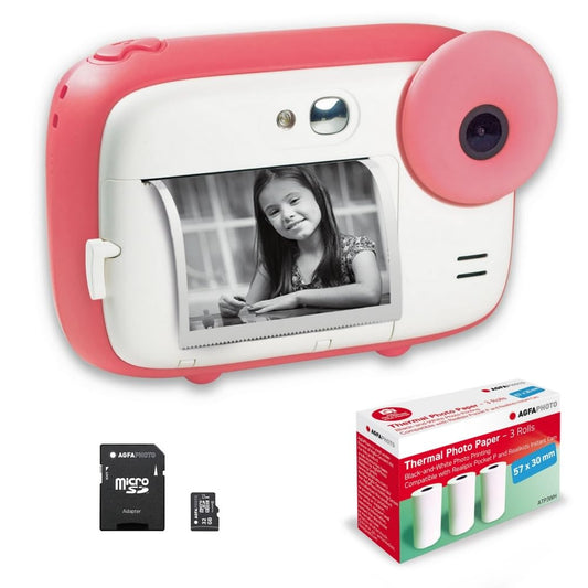 AGFA Photo Realikids Instant Cam - 2.4" LCD, selfie mirror, photo filters, includes 32GB micro-SD and 3 rolls of thermal paper, pink.