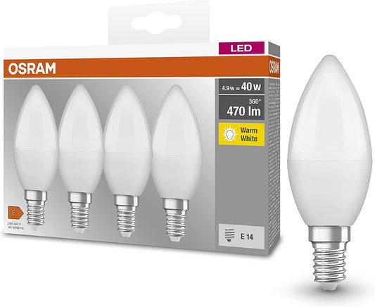 Osram LED Base Classic B spuldze, sveces formas ar E14 cokolu, nedimmējama, aizstāj 40 W, matēta, silti balta - 2700 Kelvin, 4 gab. iepakojums