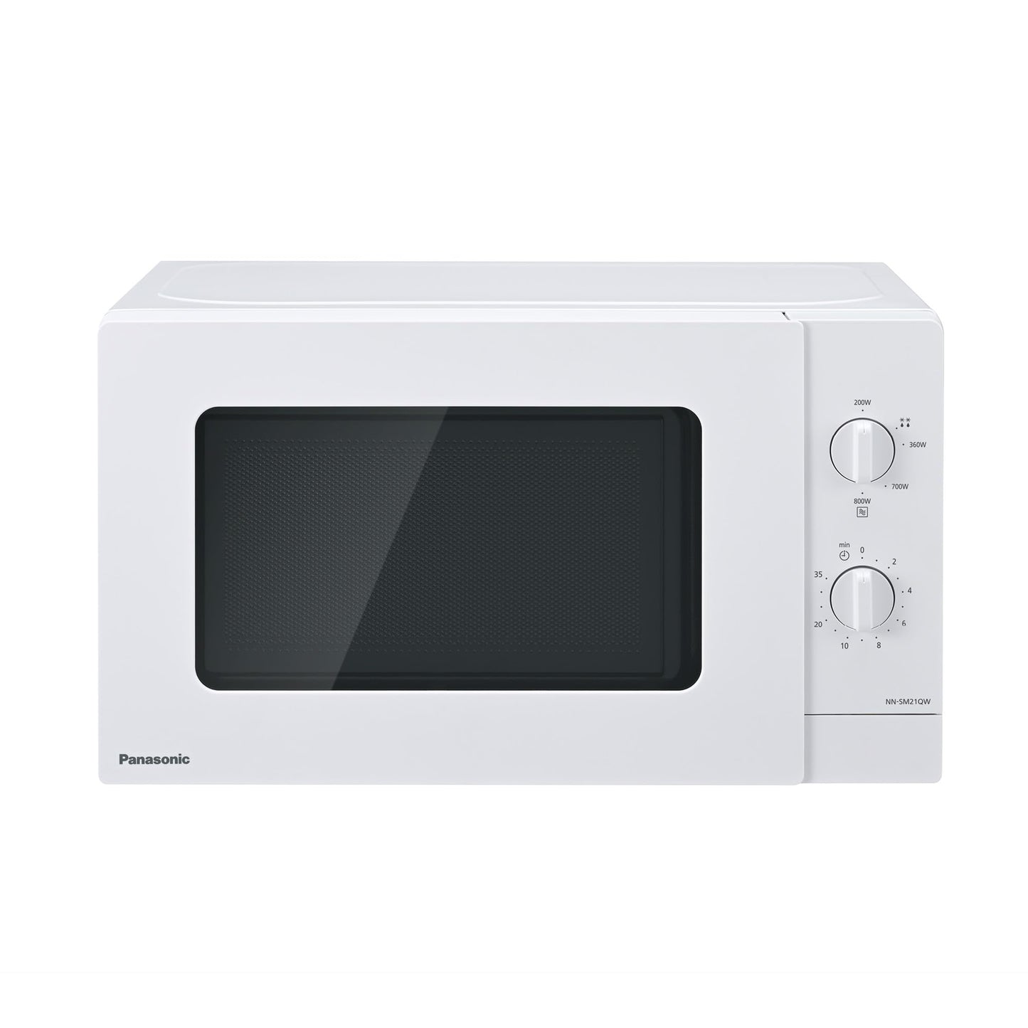 Panasonic NN-SM21QWEPG 20L solo mikroviļņu krāsns ar stikla trauku, 800 W, atkausēšanas iestatījums, 5 jaudas līmeņi, rotējošais regulators, kompakts dizains, taimeris, balts