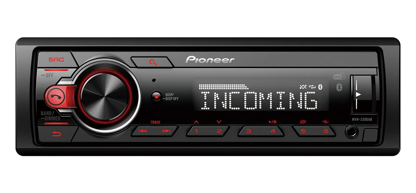 Pioneer MVH-330DAB-AN, 1DIN autoradio ar RDS un DAB+, USB, AUX ieeju, Bluetooth, mazs iebūvējamais dziļums, iekļauta DAB antena