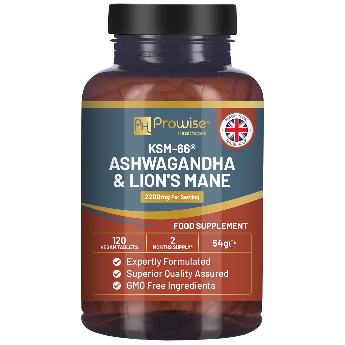 Ashwagandha kapsulas KSM-66 un lauvas krēpes sēnes ekstrakts, augsta deva 2200 mg, 120 vegāniskas tabletes ar melnajiem pipariem