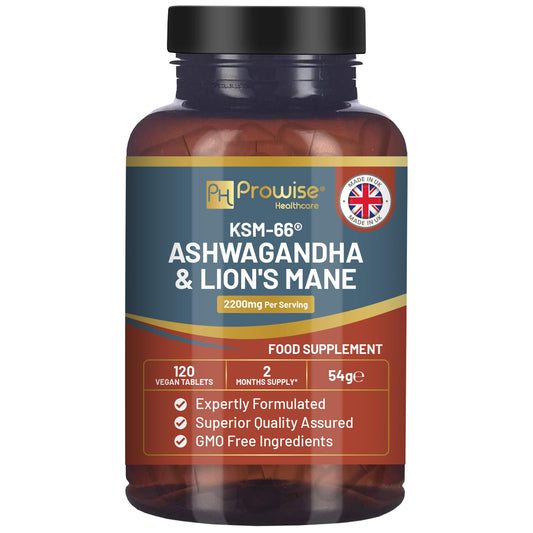 Ashwagandha kapsulas KSM-66 un lauvas krēpes sēnes ekstrakts, augsta deva 2200 mg, 120 vegāniskas tabletes ar melnajiem pipariem