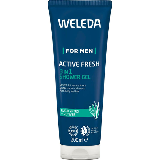 Dušas želeja un šampūns vīriešiem Weleda For Men 3in1 Active Fresh, 200 ml, vegānisks