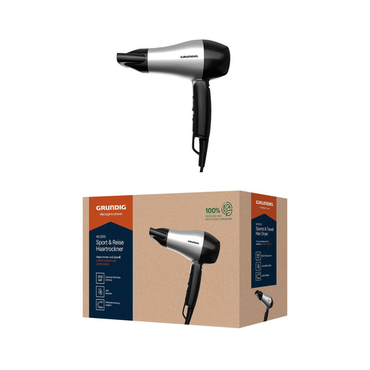 Grundig HD 2200 Sporta un ceļojumu matu fēns, fēns, ceļojumu fēns, 1200 vati, 2 temperatūras līmeņi, 2 gaisa plūsmas līmeņi, 1,8 m kabelis, salokāms rokturis, ārkārtīgi viegls, izmantojams visā pasaulē, sudraba/melns
