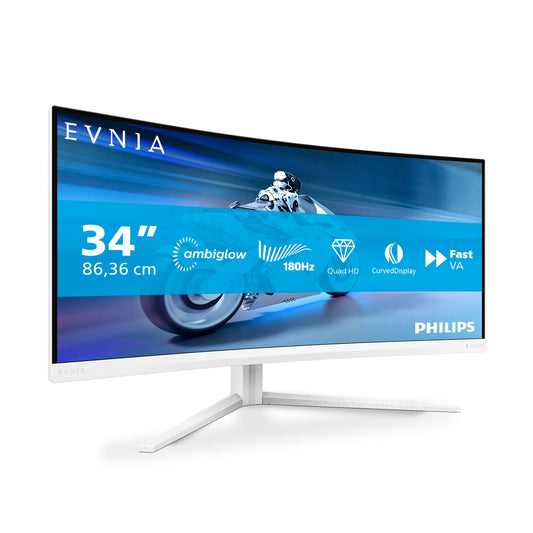 Philips Evnia 34M2C5501A - 34" WQHD curved gaming monitor, 180 Hz, 1 ms, FreeSync Premium, Ambiglow, USB hub, white