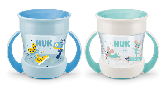 NUK Mini Magic Cup dzeramkrūzītes zīdaiņiem, 360° necaurlaidīga dzeršanas mala, no 6 mēnešiem, praktiski rokturi, 160 ml, zēnam, 2 gab.