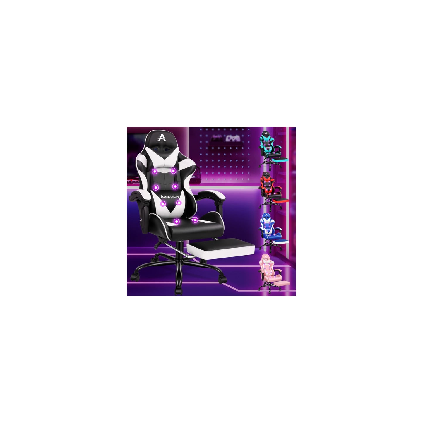 ALFORDSON gaming krēsls ar masāžu, ergonomisks biroja krēsls, rakstāmgalda krēsls, 150° slīpuma leņķis, augstumā regulējams datorkrēsls, līdz 180 kg, izvelkams kāju balsts, PU āda, balts
