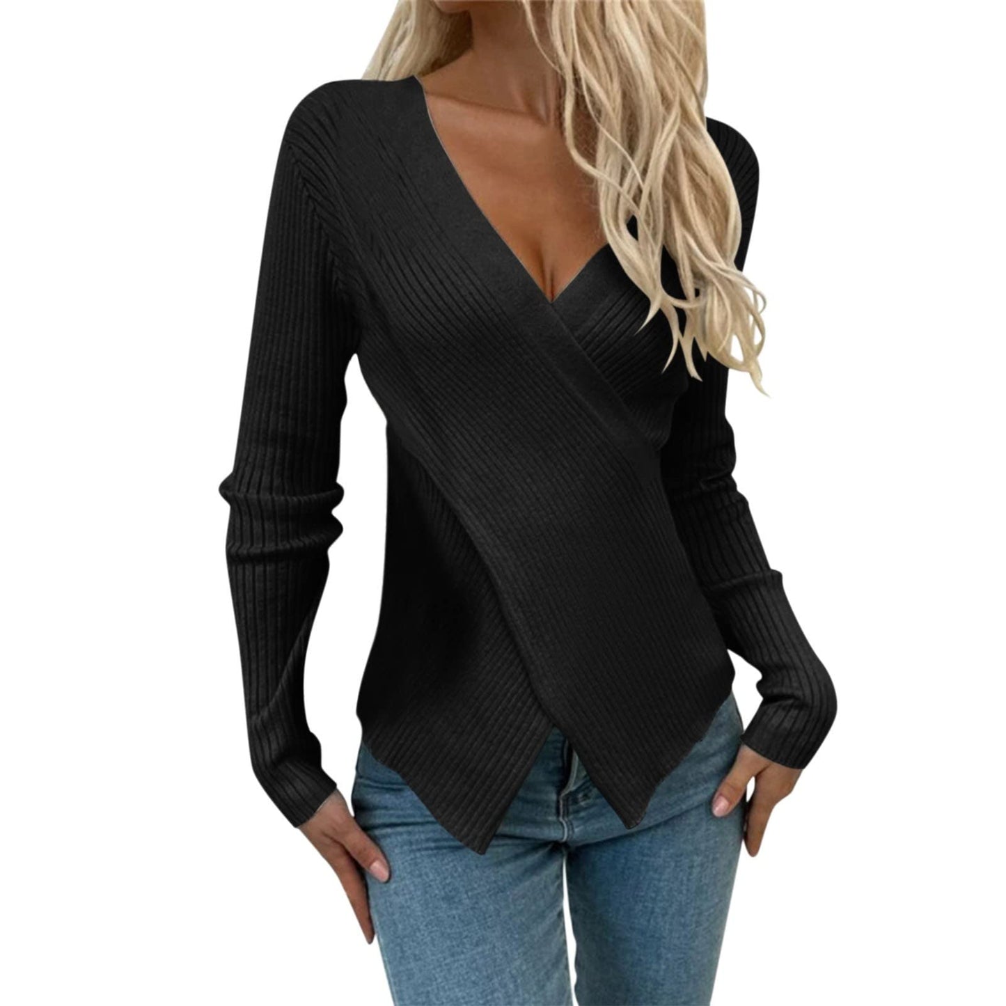 Sieviešu garroku tops ar V veida kakla izgriezumu, vienkrāsains, adīts augšdaļas džemperis, Black, XL