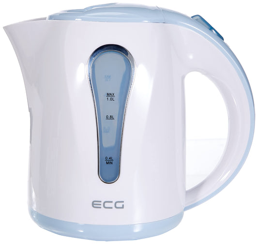 ECG RK 1022 Blue - 1L blue and white plastic kettle, stylish design, lightweight and durable.