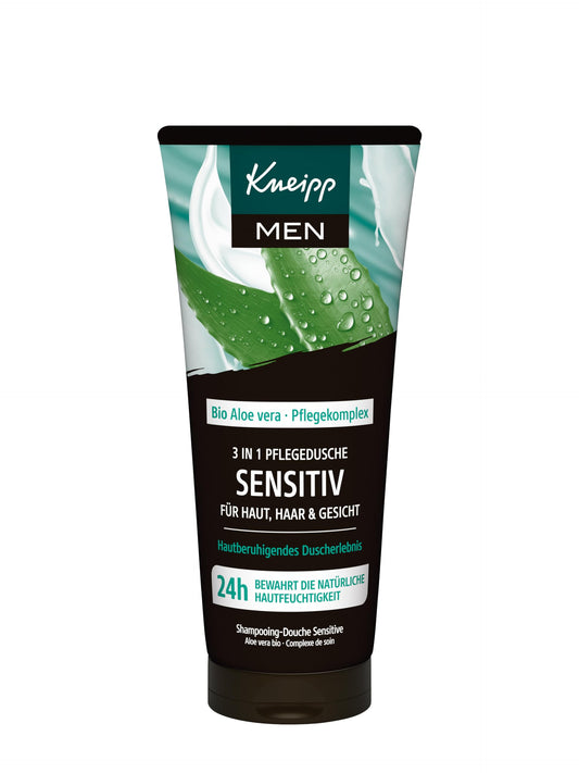 Dušas želeja Kneipp MEN 3 in 1 Sensitive ķermenim, matiem un sejai ar bio alveju, 200ml