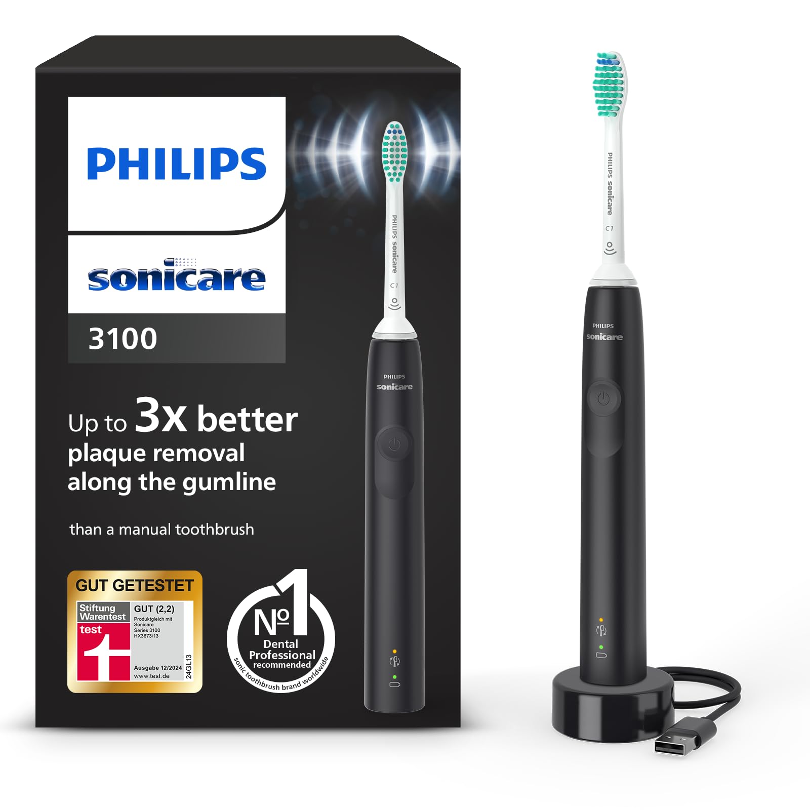 Philips Sonicare 3100 elektriskā zobu birste, ultraskaņas zobu birste, spiediena kontrole un taimeris, melna, HX3671/14