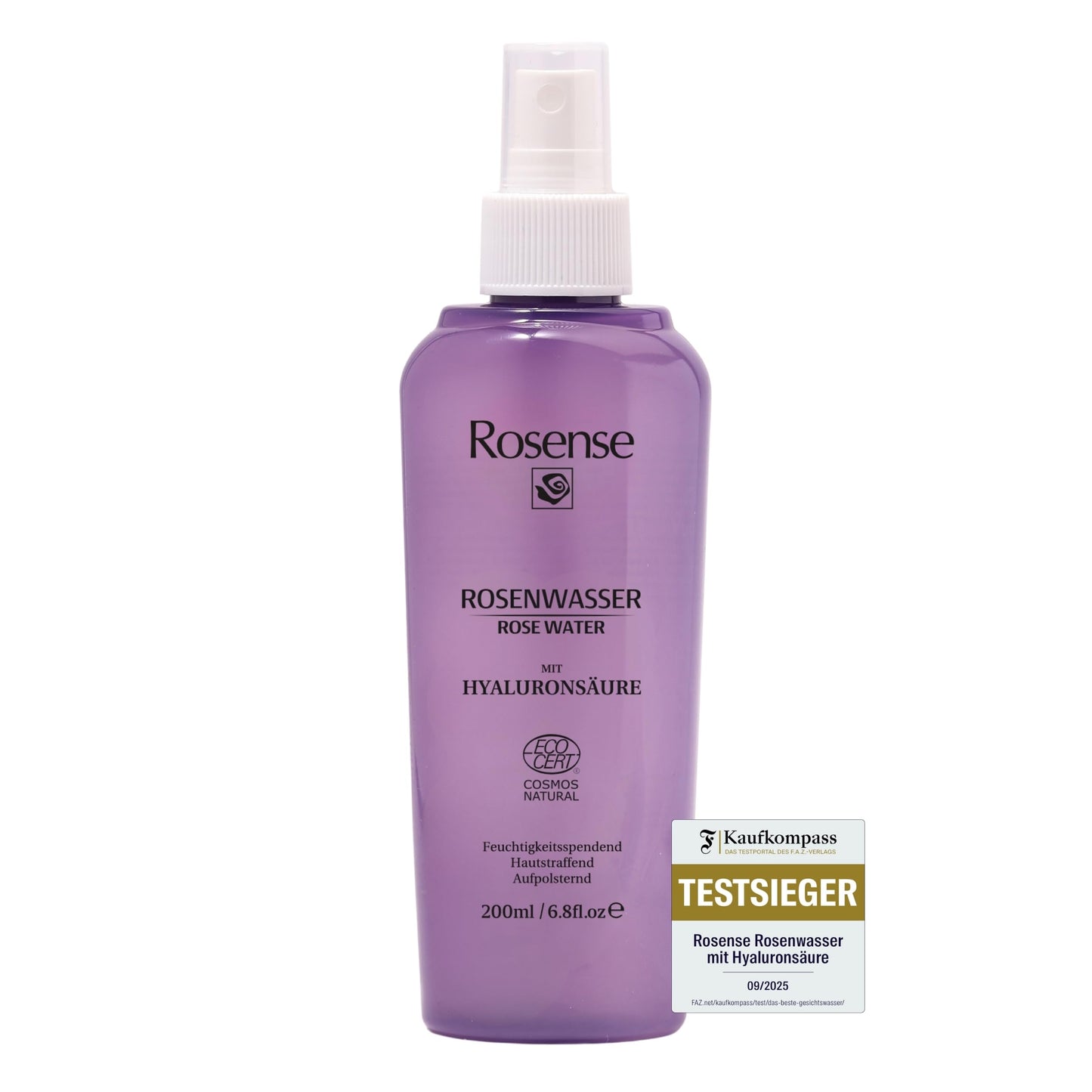 Rožūdens sprejs 200ml ar hialuronskābi sejai, toniks un sejas migla – Rosense ECOCERT dabīgā kosmētika, vegānisks, dermatoloģiski apstiprināts, bez pievienota alkohola, visiem ādas tipiem