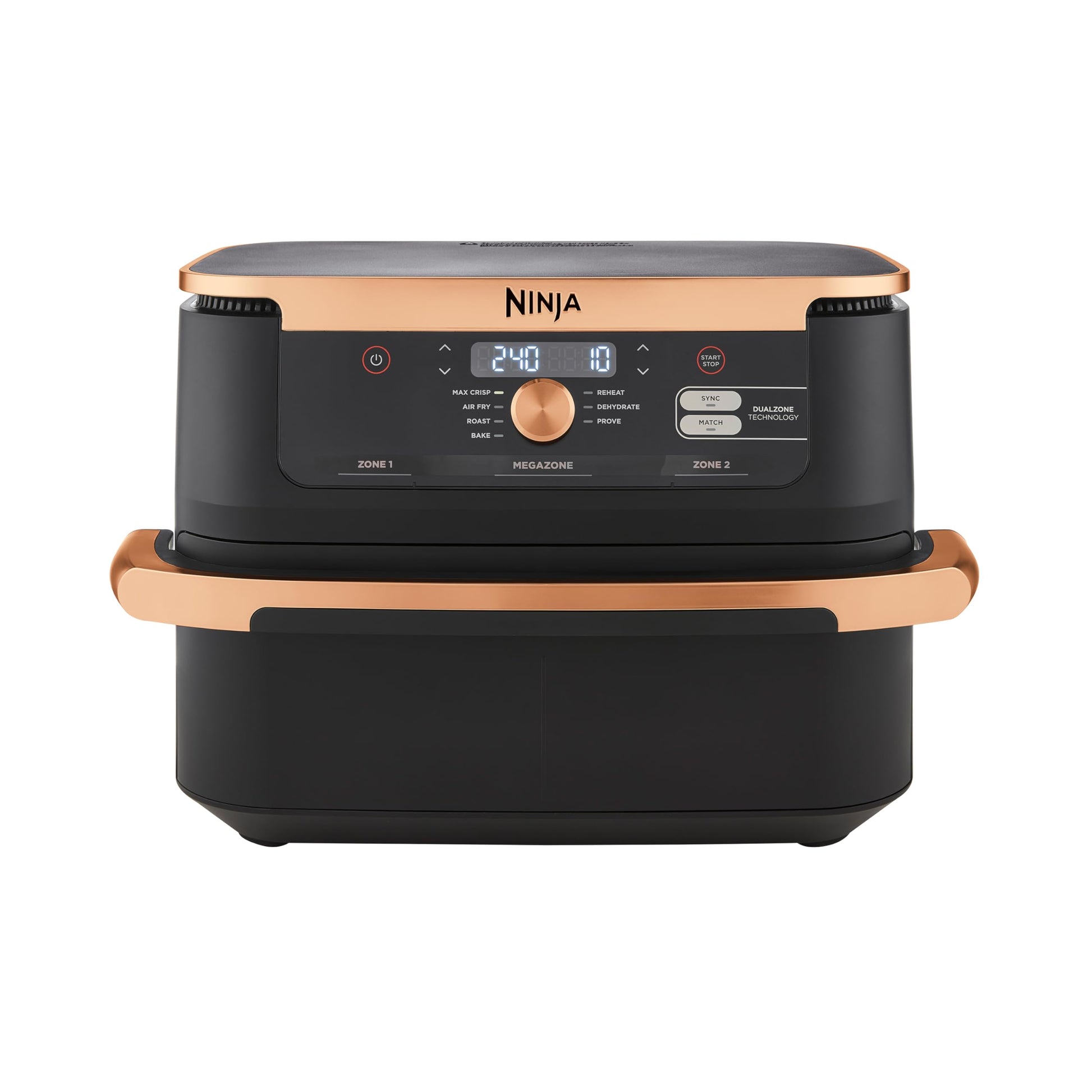 Ninja Foodi FlexDrawer Dual Zone Airfryer - 10.4L, removable divider, non-stick, dishwasher-safe, 7-in-1, black and copper.