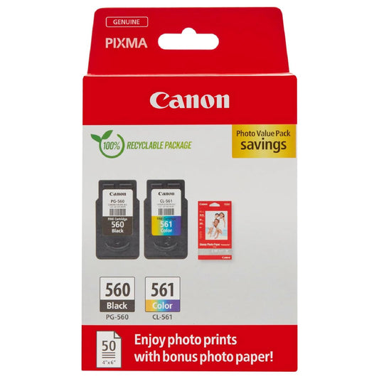 Canon tinte un papīrs multipaka - PG-560/CL-561 oriģinālās tintes kasetnes un 50 lapu 4x6 fotopapīrs, saderīgs ar PIXMA.
