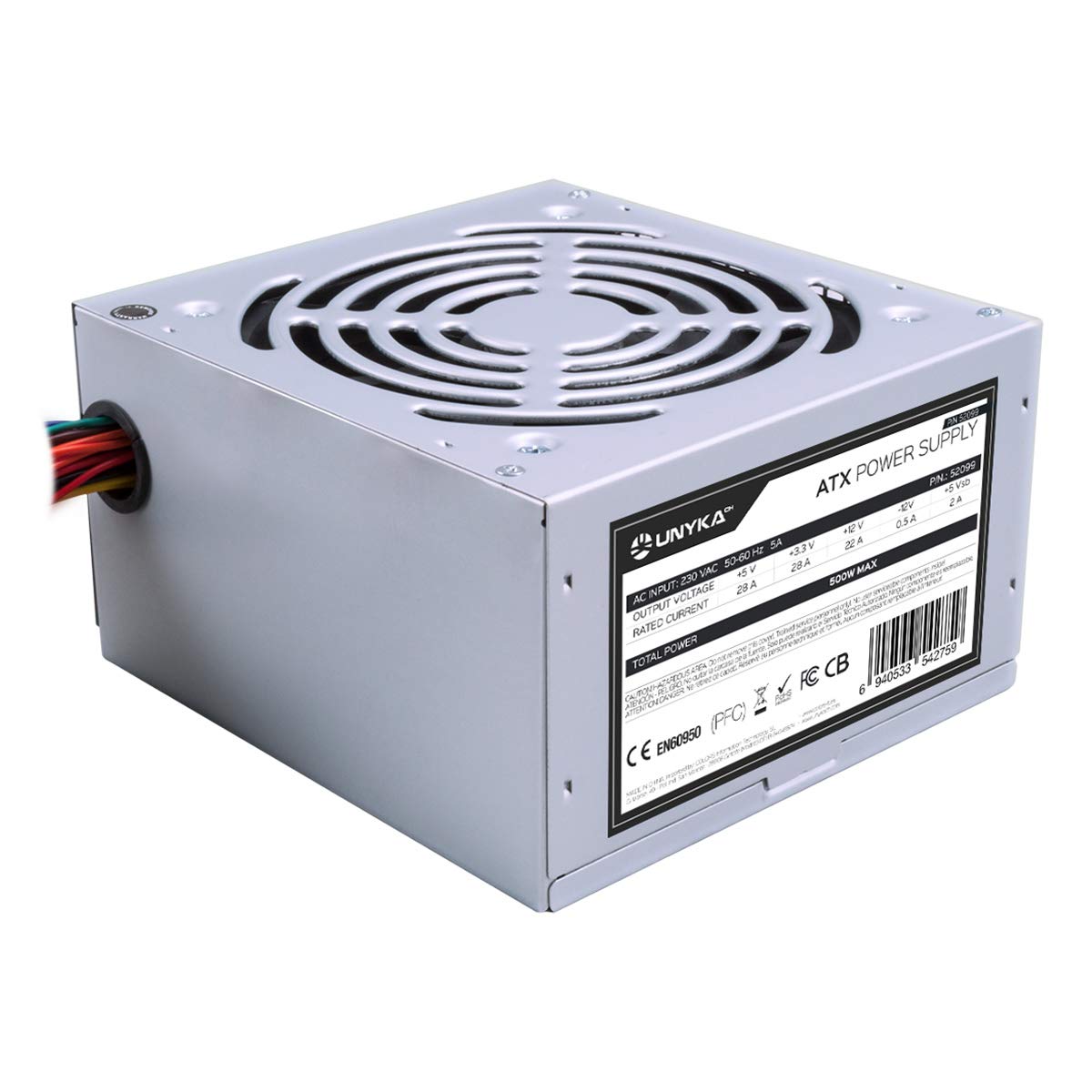 UNYKAch ATX 500W - 500W power supply, 230V, 50-60Hz, 28A, efficient and reliable performance.