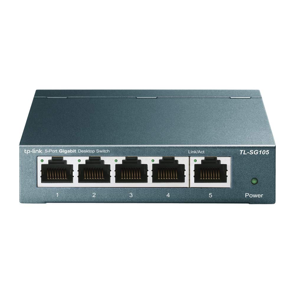 Tīkla komutators TP-Link TL-SG105, 5 porti, Gigabit Ethernet, līdz 2000 MBit/s pilndupleksa režīmā, ekranēti RJ-45 porti, metāla korpuss, IGMP Snooping, nepārvaldāms, bez ventilatora, metāliski zils