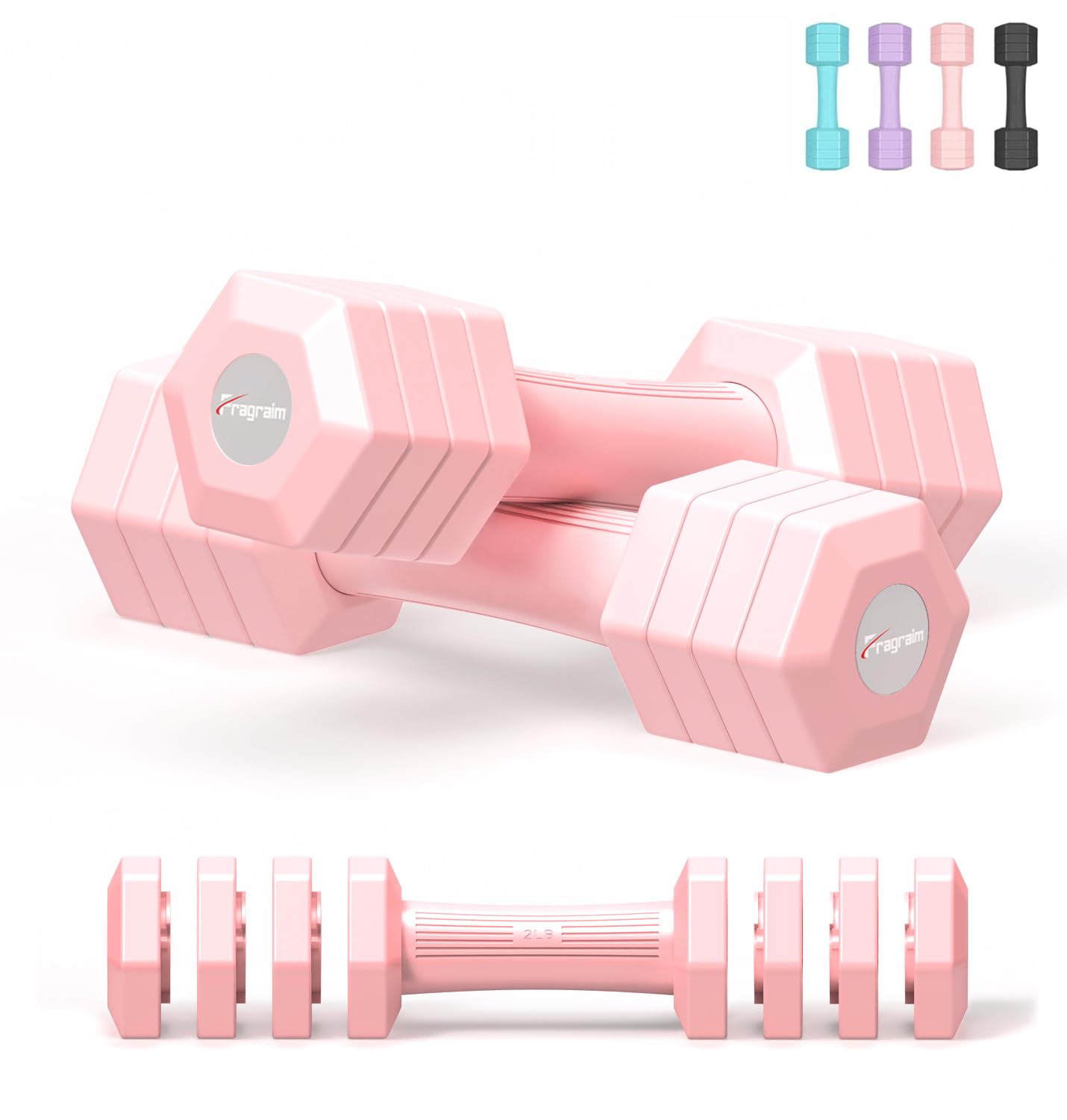 Hanteles Verstellbar Hanteln Set, regulējamas hanteles sievietēm un vīriešiem, 4,54 kg, 4-in-1 komplekts, 0,9 kg, 1,36 kg, 1,81 kg, 2,27 kg, ar TPU mīkstas gumijas rokturi - Pink