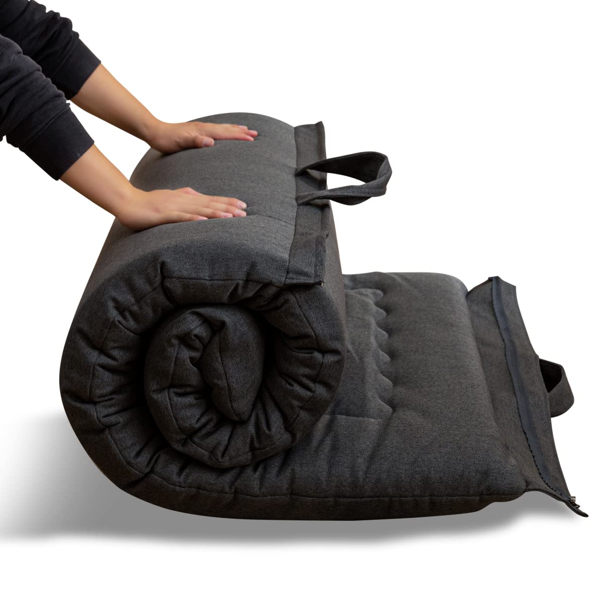 Saliekams futons matracis MAXYOYO, pārnēsājams, hipoalerģisks audums, atmiņas putu pildījums, ar rokturi un rāvējslēdzēju, 71x190 cm, kokogles krāsā