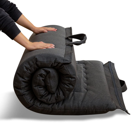 Saliekams futons matracis MAXYOYO, pārnēsājams, hipoalerģisks audums, atmiņas putu pildījums, ar rokturi un rāvējslēdzēju, 71x190 cm, kokogles krāsā