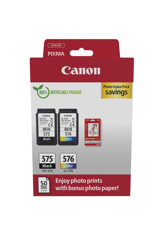 Canon oriģināltinte PG-575 / CL-576 - 2 tintes kasetnes (melna+krāsa) ar Canon fotopapīru GP-501, 50 loksnes 10x15cm.