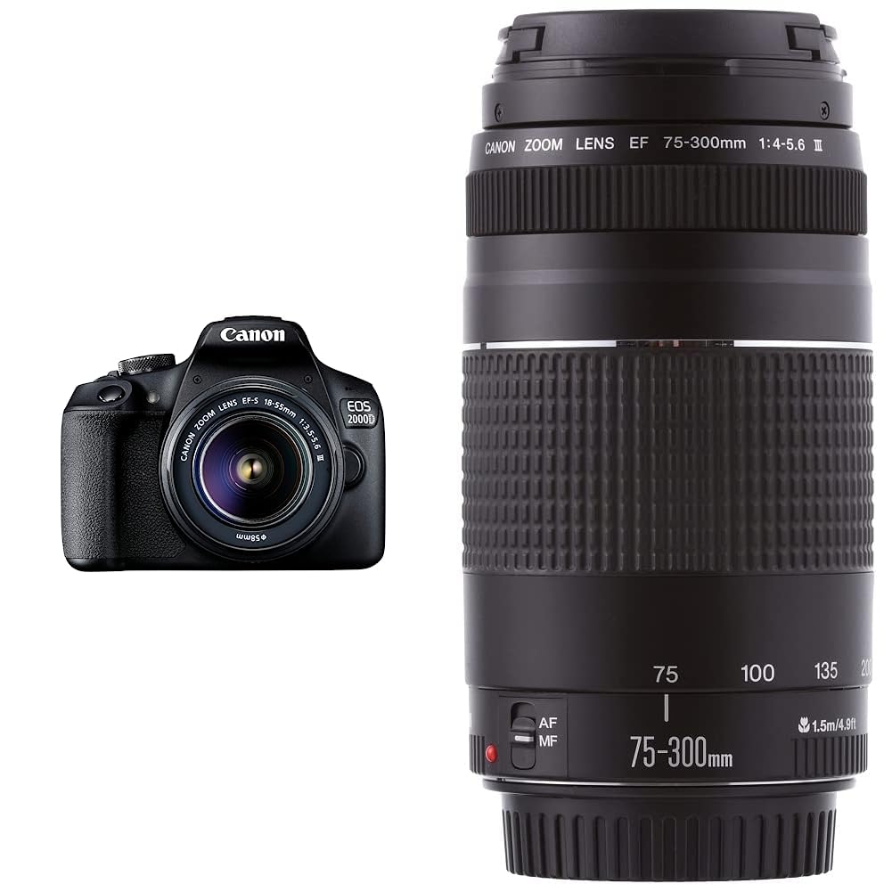 13. Canon EOS 2000D spoguļkamera - ar objektīvu EF-S 18-55 F3.5-5.6 III, melna & EF 75-300mm F4.0-5.6 III zoom objektīvs (58mm filtra vītne) melna