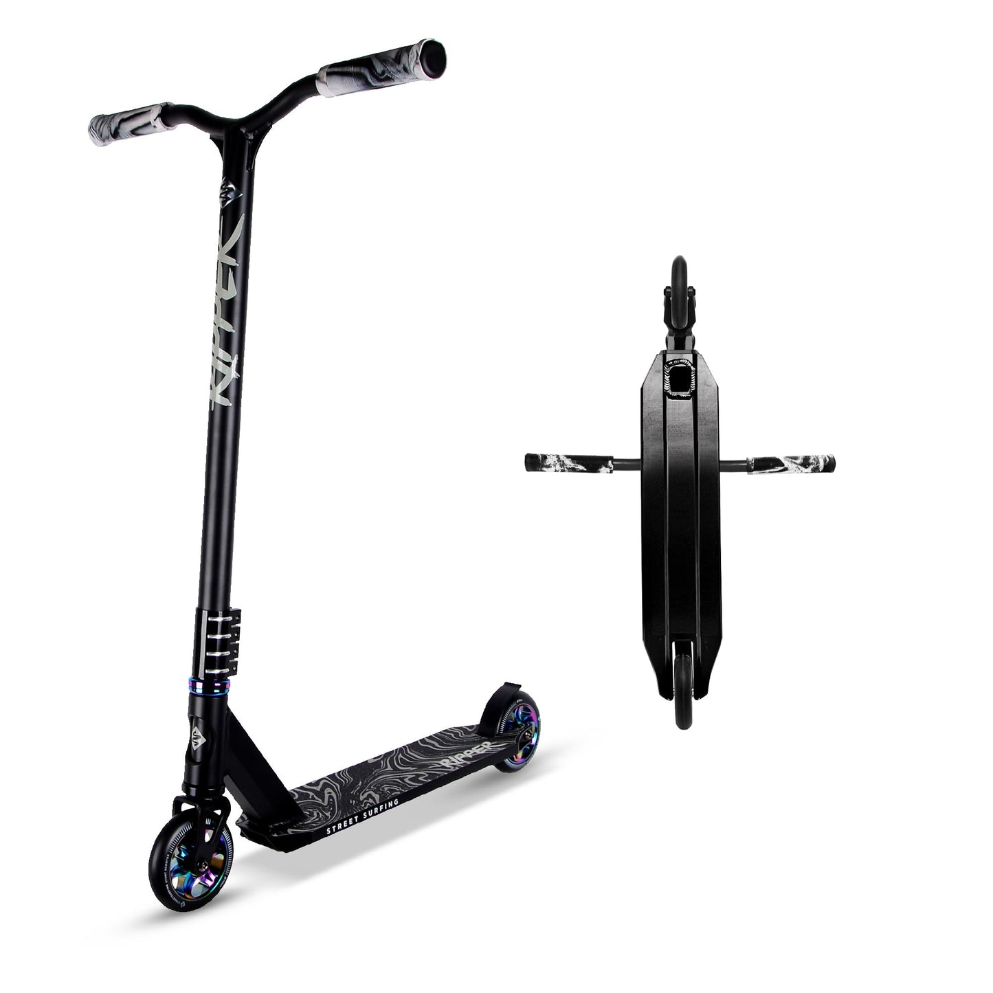 Street Surfing triku skrejritenis Ripper, izturīgs alumīnija skrejritenis, ABEC 9 lodīšu gultņi, freestyle un triku skrejritenis ar 110 mm riteņiem (Neo Shadow)