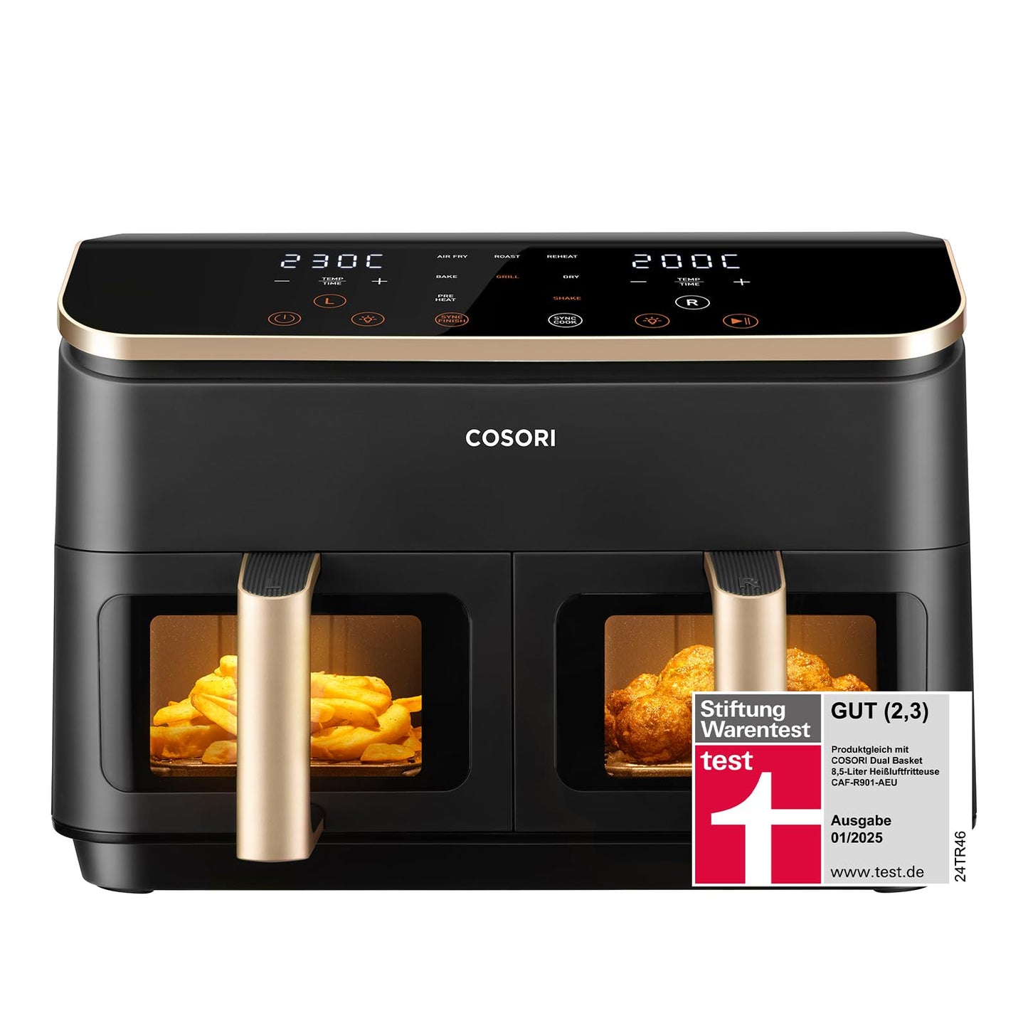 COSORI Karstais gaisa friteze 2 nodalījumi, Airfryer uzvarētājs Stiftung Warentest, 6-in-1 Dual Zone Air fryer 8,5 L, karstā gaisa friteze ar diviem nodalījumiem un skatlogu, energoefektīva, zelta