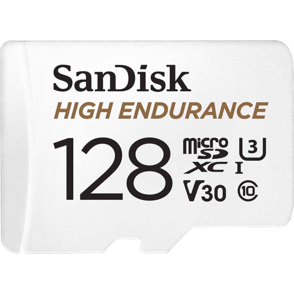 SanDisk High Endurance microSDXC atmiņas karte 128 GB + adapteris (Dash-Cam un privātām uzraudzības kamerām, 100 MB/s lasīšana, V30 Full HD un 4K video)