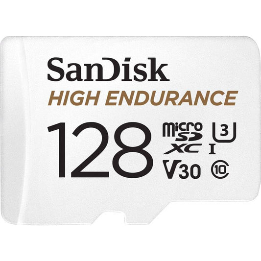SanDisk High Endurance microSDXC atmiņas karte 128 GB + adapteris (Dash-Cam un privātām uzraudzības kamerām, 100 MB/s lasīšana, V30 Full HD un 4K video)