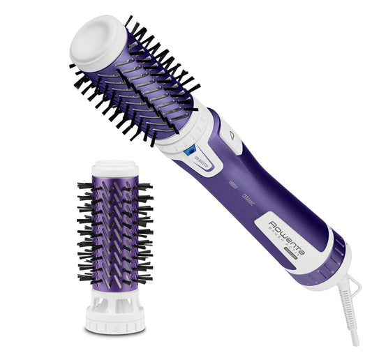 Rowenta rotējošā siltā gaisa suka Brush Activ Volume & Shine, keramikas pārklājums, 2 suku galvas, ar aizsargapvalku, 3 ātruma līmeņi, aukstā līmeņa, rotējošs matu žāvētājs, violets, CF9530
