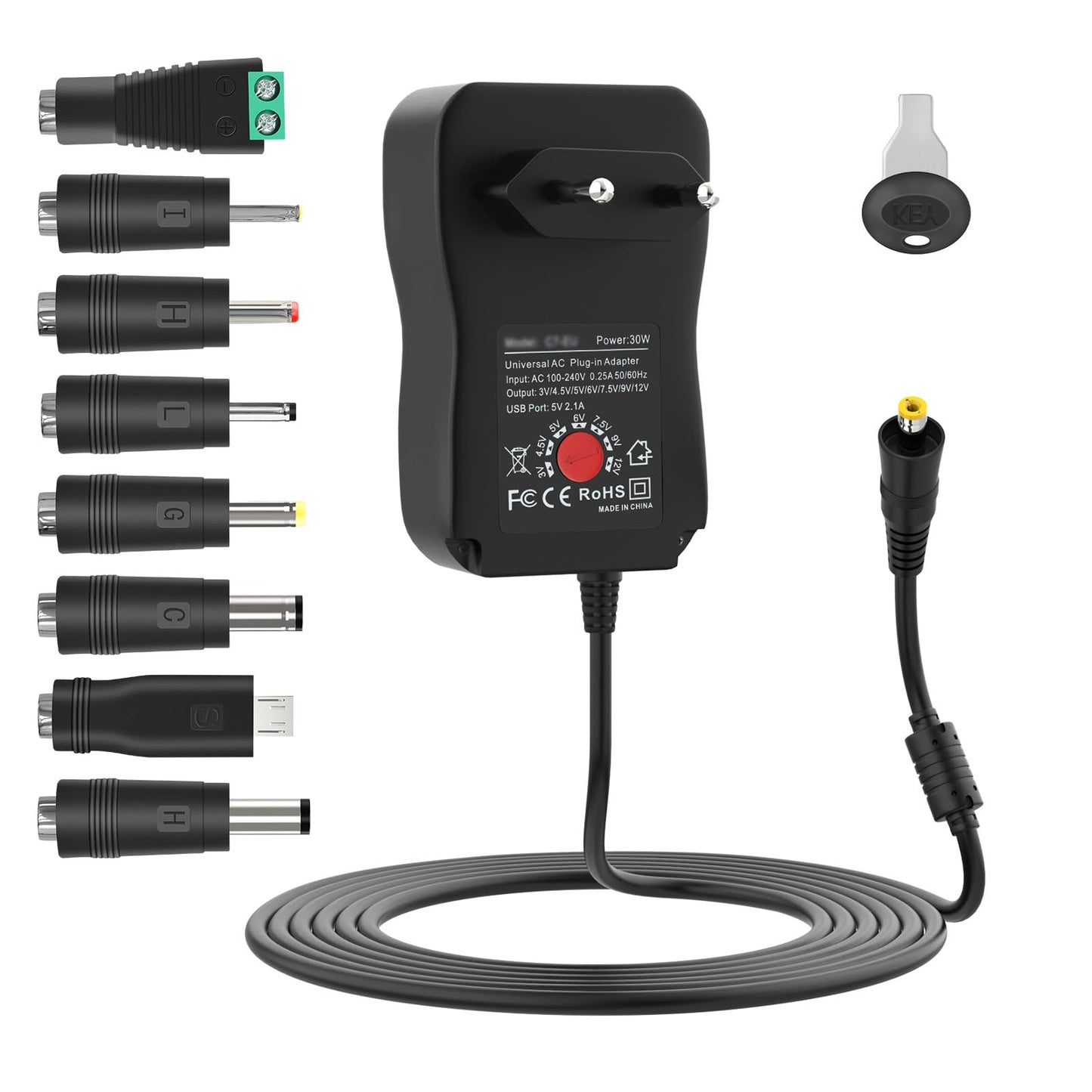 Universāls barošanas adapteris 3-12V, Isisyu 30W AC uz DC 3V 4.5V 5V 6V 7.5V 9V 12V regulējams barošanas avots ar 5V 2.1A USB portu un 8 DC spraudņiem LED lentēm, rūteriem, 2A max