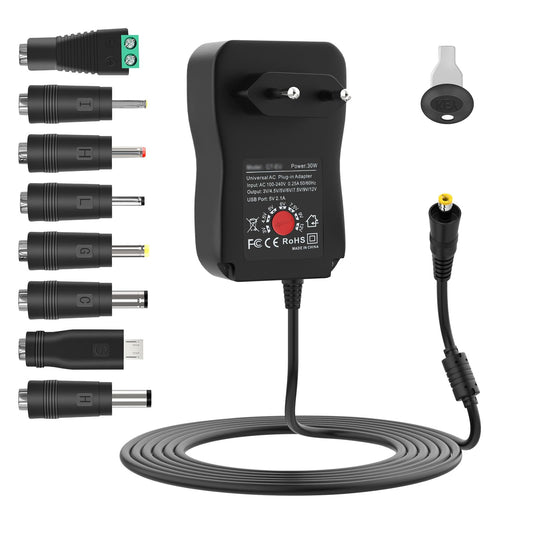 Universāls barošanas adapteris 3-12V, Isisyu 30W AC uz DC 3V 4.5V 5V 6V 7.5V 9V 12V regulējams barošanas avots ar 5V 2.1A USB portu un 8 DC spraudņiem LED lentēm, rūteriem, 2A max