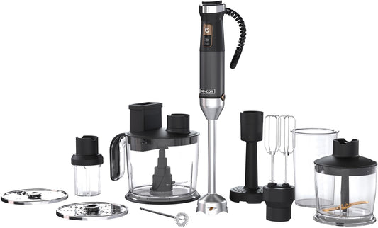 Sencor daudzfunkcionāls ultra jaudīgs rokas mikseris 10 in 1, 1500W, ar titāna QuadBlade tehnoloģiju, bezpakāpju ātruma kontrole, ergonomiska rokturis, pilns piederumu komplekts, melns [SHB 6552WH]