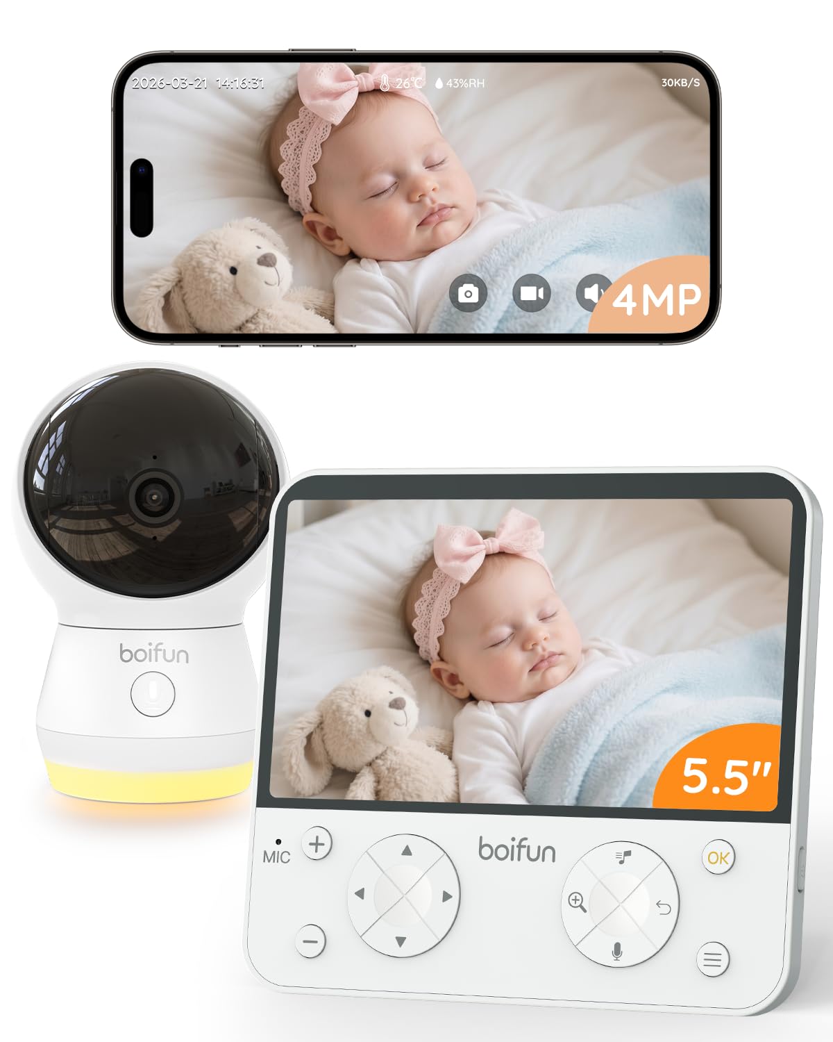 BOIFUN 4MP WiFi mazuļu kamera ar ekrānu 5.5" un lietotnes vadību, naktslampiņa