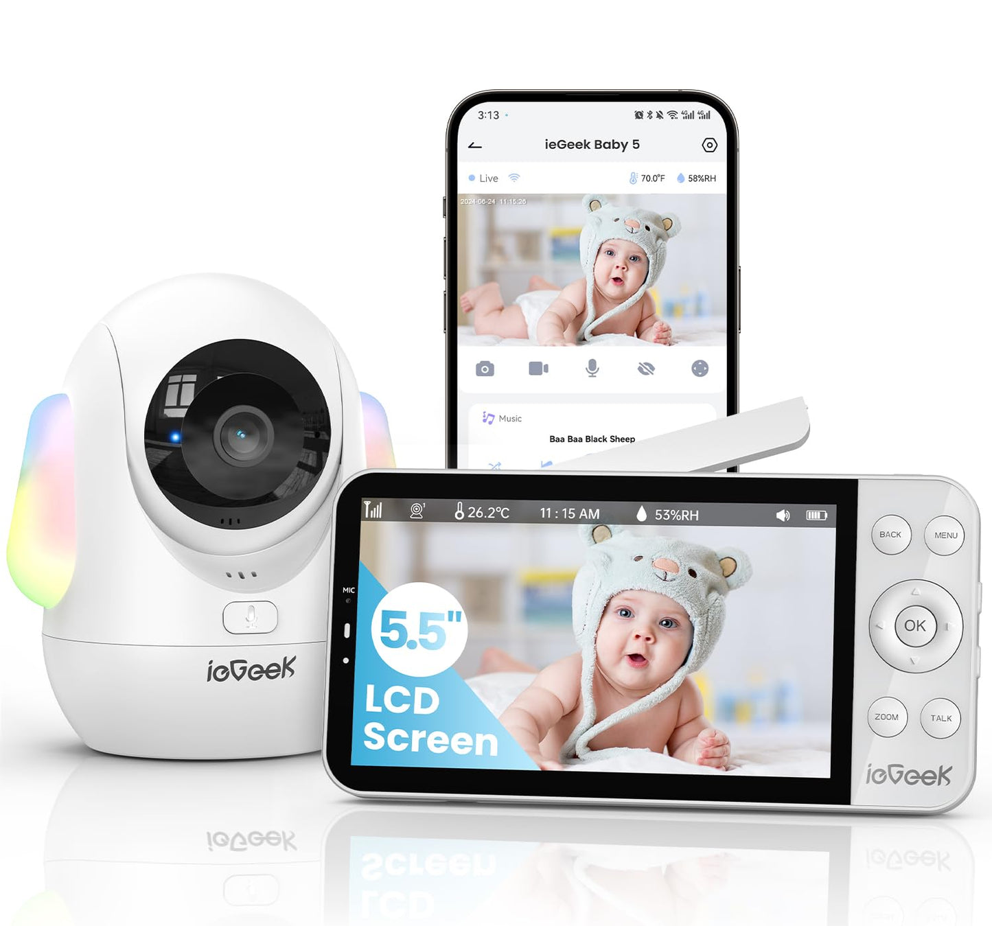 ieGeek babyfons 2,5K/4MP, 5,5" WLAN, naktslampiņa, automātiska sekošana