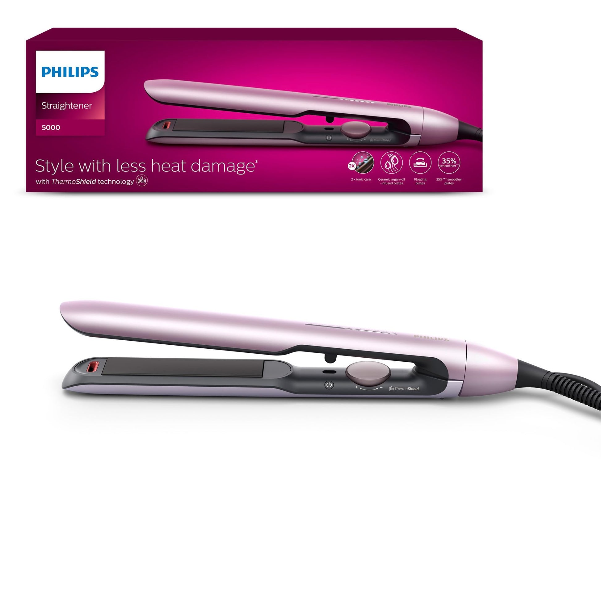 Philips matu izlīdzinātājs 5000 sērija, ThermoShield tehnoloģija, jonizācijas funkcija, keramikas plāksnes ar argāna eļļu, gaiši rozā, modelis BHS530/00