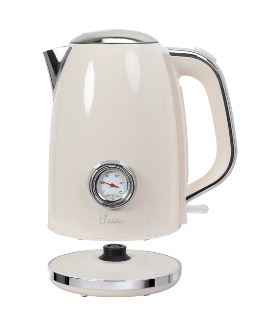 Nostalgia Retro stila tējkanna - 1,7L, 1850-2200W, nerūsējošā tērauda, ūdens līmeņa un temperatūras indikatori, automātiska izslēgšanās.