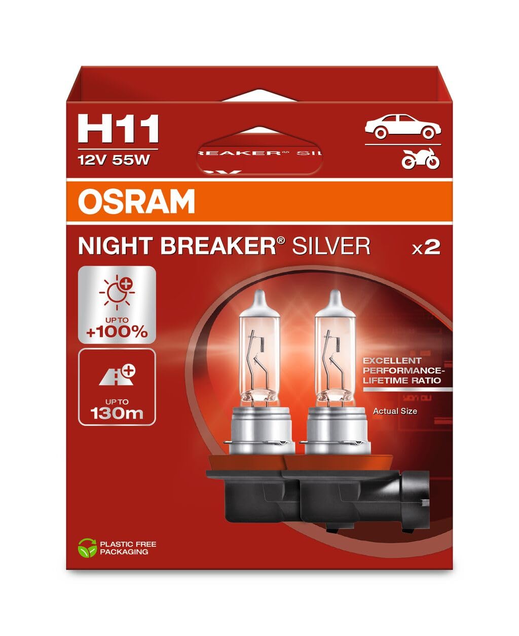 Halogēna spuldze auto lukturiem Osram NIGHT BREAKER SILVER H11, +100% spilgtums, 12V, 2 gab.