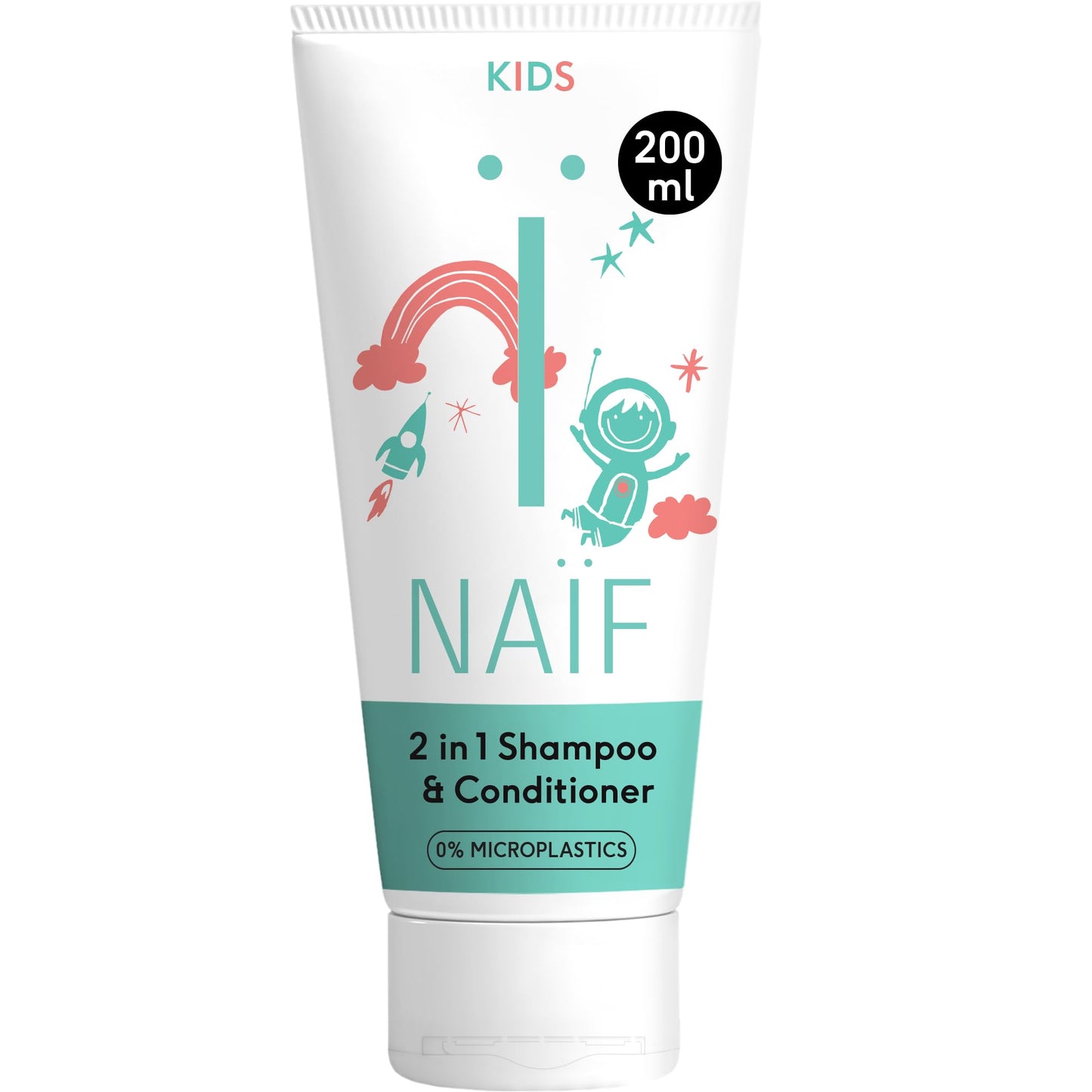 2 in 1 bērnu šampūns un kondicionieris Naïf, bez parfīma, bez SLES, mikroplastmasas un silikoniem, maigs, dermatoloģiski pārbaudīts, 200 ml