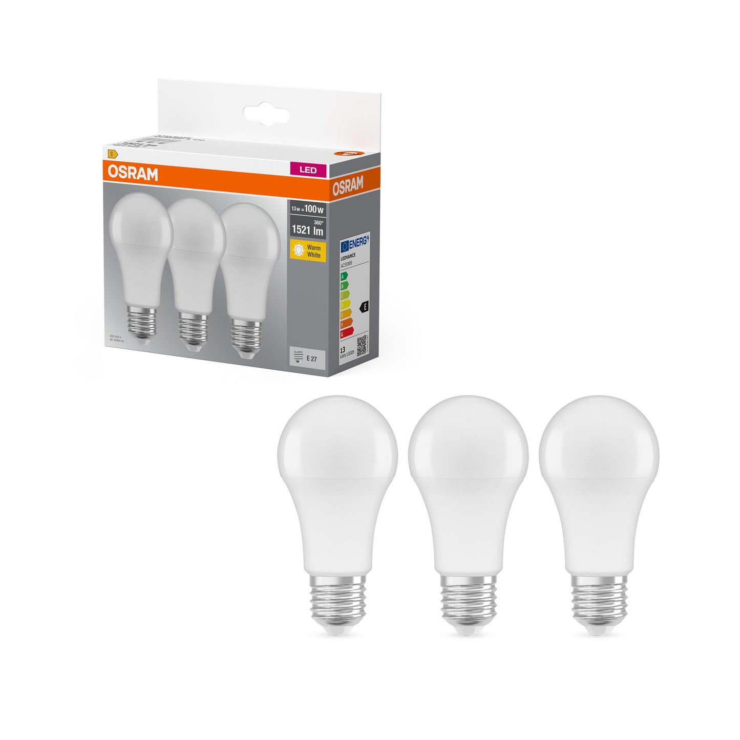 OSRAM LED Base Classic A spuldzes ar E27 cokolu, nedimējamas, aizstāj 100 W, matētas, silti baltas, 2700 Kelvin, 3 gabali