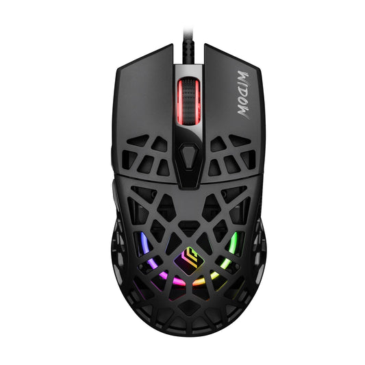 Noua Widow RGB spēļu pele - Pixart 3212 sensors, 7200 DPI, 68 g, Huano slēdži, šūnu struktūra, ilgs kalpošanas laiks.