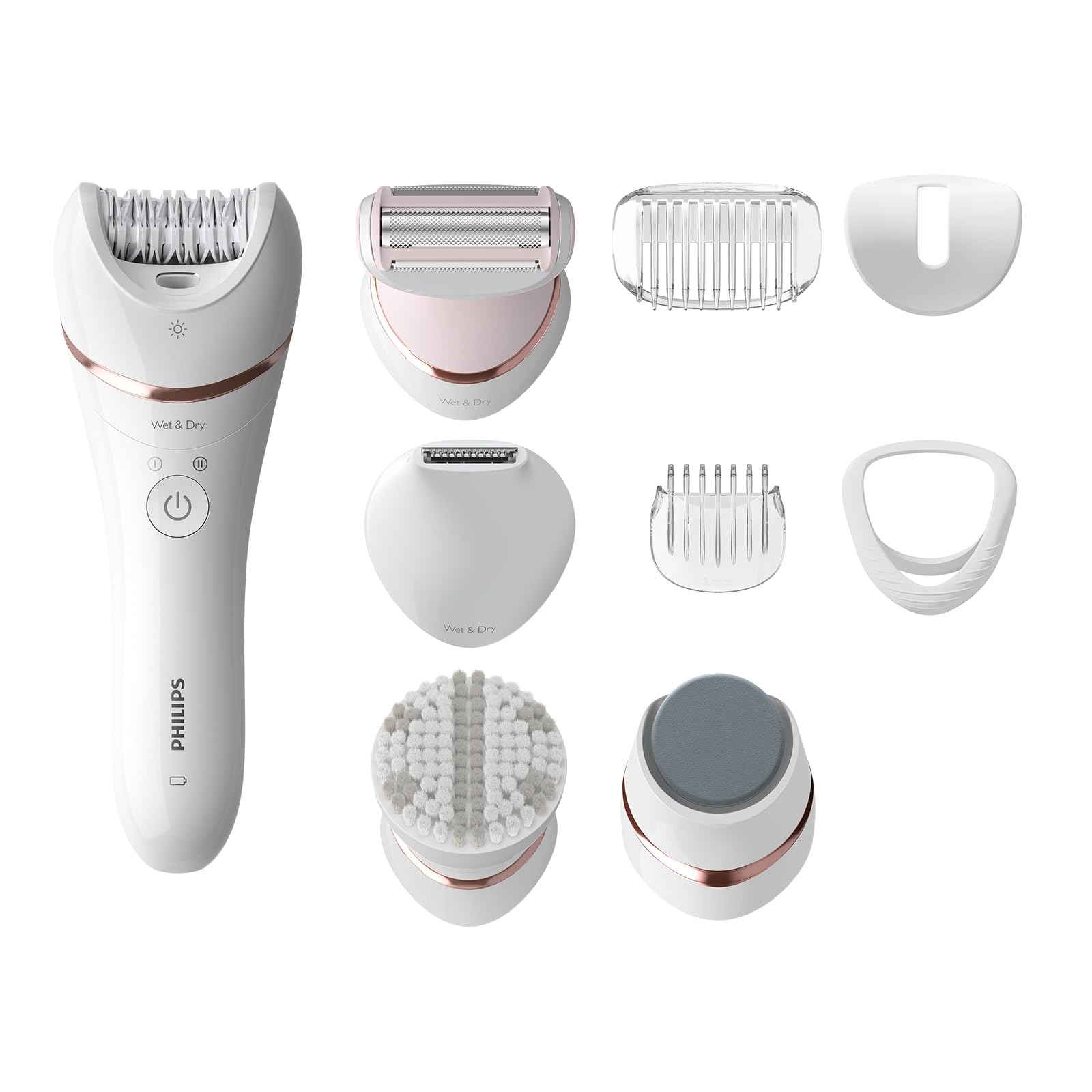 Philips Beauty Set Series 9000, Viss vienā epilators ķermenim, sejai un kājām, bezvadu mitrs un sauss ierīce matu noņemšanai un ādas kopšanai, ar 12 piederumiem, modelis BRE740/90