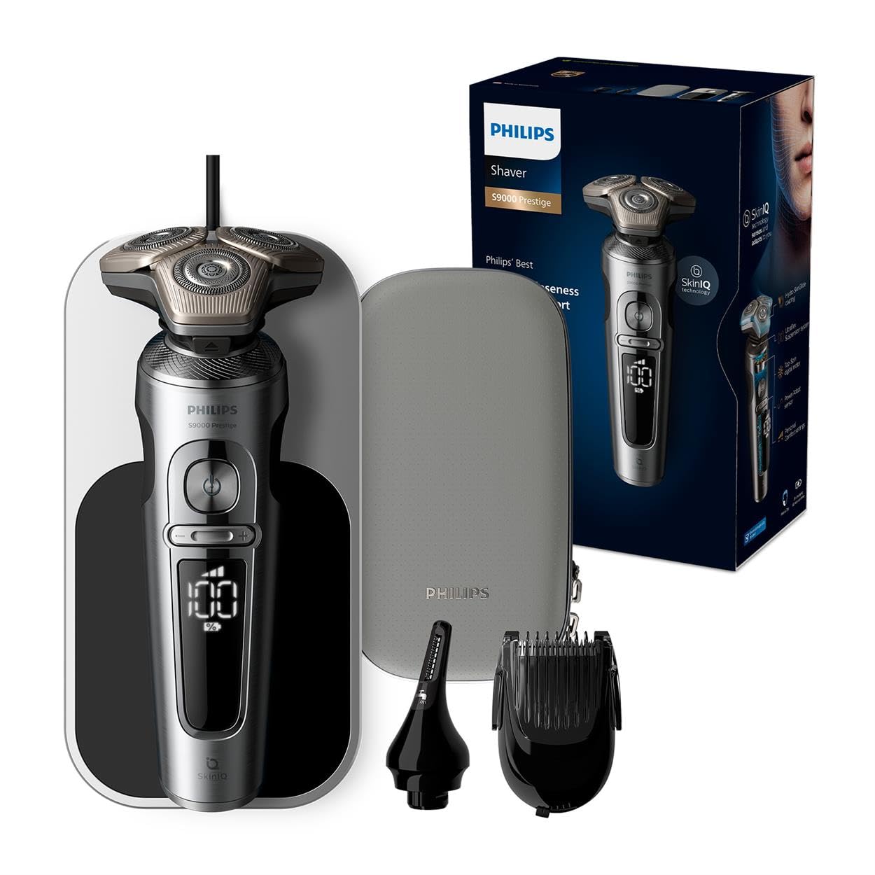 Philips skuveklis S9000 Prestige - Elektriskais mitrās un sausās skūšanās skuveklis, spīdīgs hroms, Lift & Cut skūšanās sistēma, SkinIQ tehnoloģija, Qi uzlādes paliktnis, bārdas stilizētājs, deguna trimmeris (modelis SP9871/22)