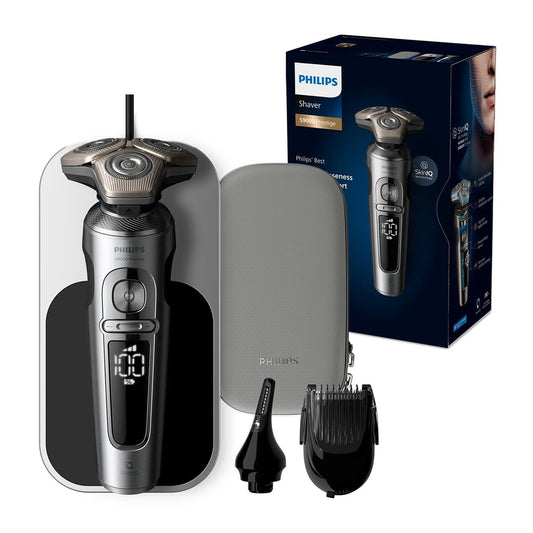 Philips skuveklis S9000 Prestige - Elektriskais mitrās un sausās skūšanās skuveklis, spīdīgs hroms, Lift & Cut skūšanās sistēma, SkinIQ tehnoloģija, Qi uzlādes paliktnis, bārdas stilizētājs, deguna trimmeris (modelis SP9871/22)
