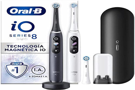 14. Oral-B iO 8 elektriskās zobu birstes, uzlādējamas, baltas un melnas rokturi ar Bluetooth, ar magnētisko tehnoloģiju, dāvana tēva dienā, 3 uzgaļi, 1 ceļojuma soma