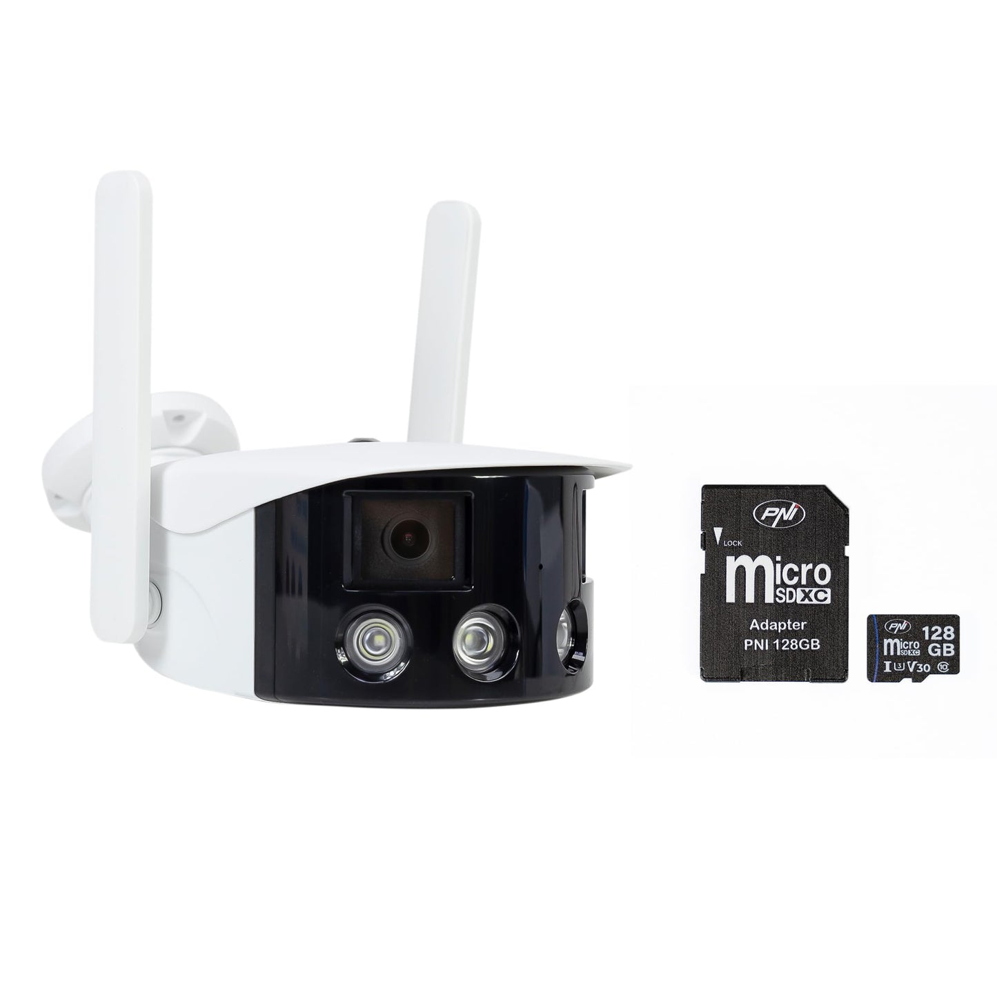 18. PNI IP590 video uzraudzības kameru komplekts, bezvadu, ar IP, divu objektīvu, 2 x 2 MP 128 GB MicroSD atmiņas karte ar SD adapteri