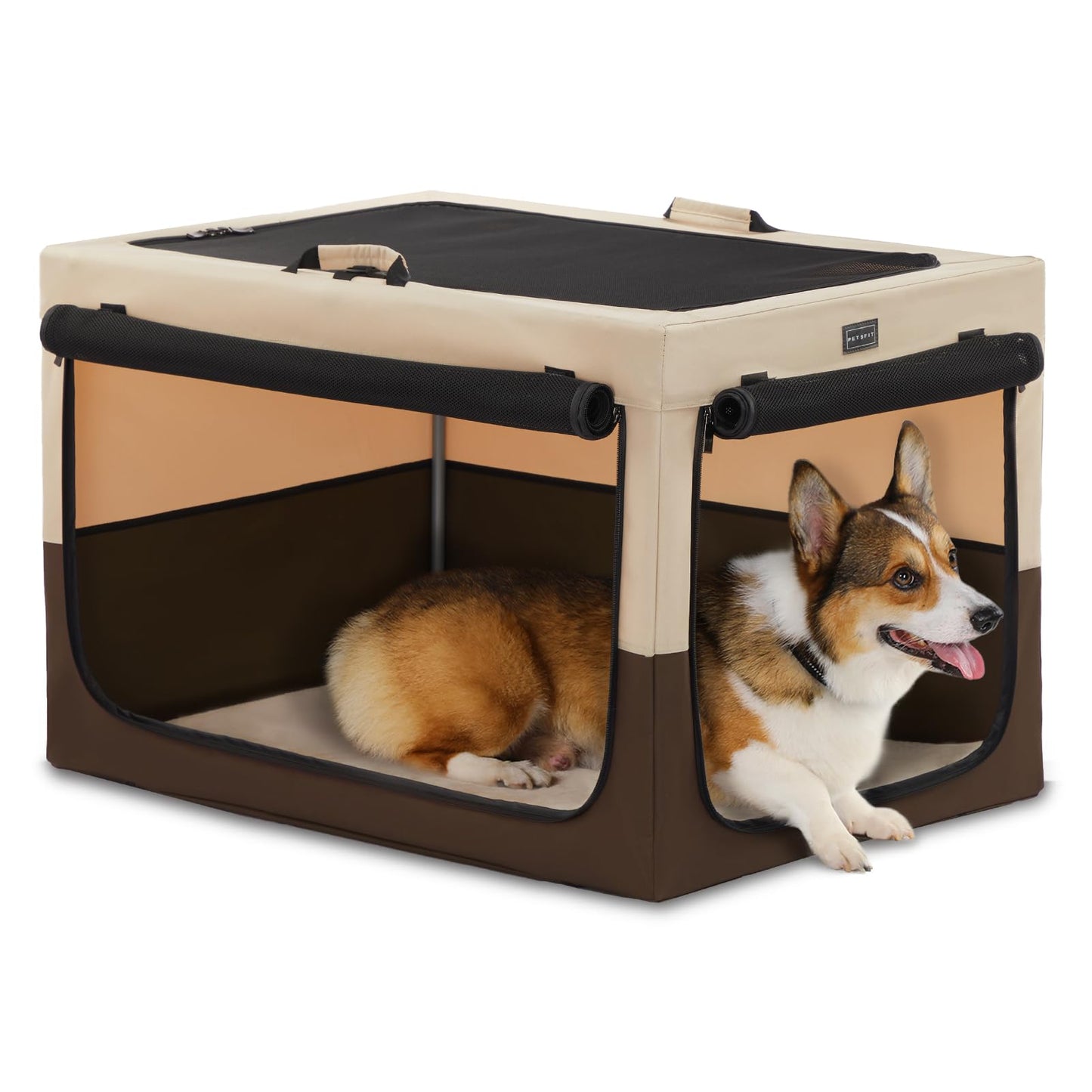Suņu būris mājai Petsfit, salokāms suņu būris vidējiem un maziem suņiem, auto transportēšanas kaste ar regulējamu dizainu, suņu guļvieta, istabas voljērs ar izturīgu sieta logu un pūkainu gultas ielikni